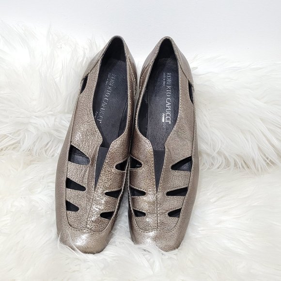 Roberto Capucci Square Toe Cut Out Dress Shoes Metallic Brooze Low Heel 7 - Picture 1 of 8